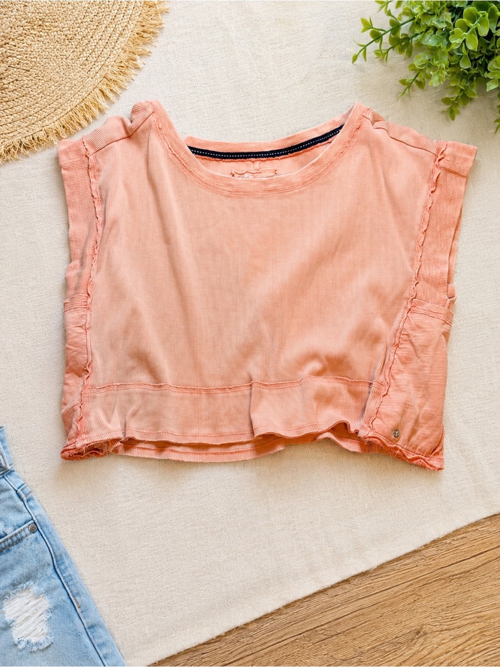 Pilcro Peach Ribbed Crop Top Raw Hem Boho Casual Tee